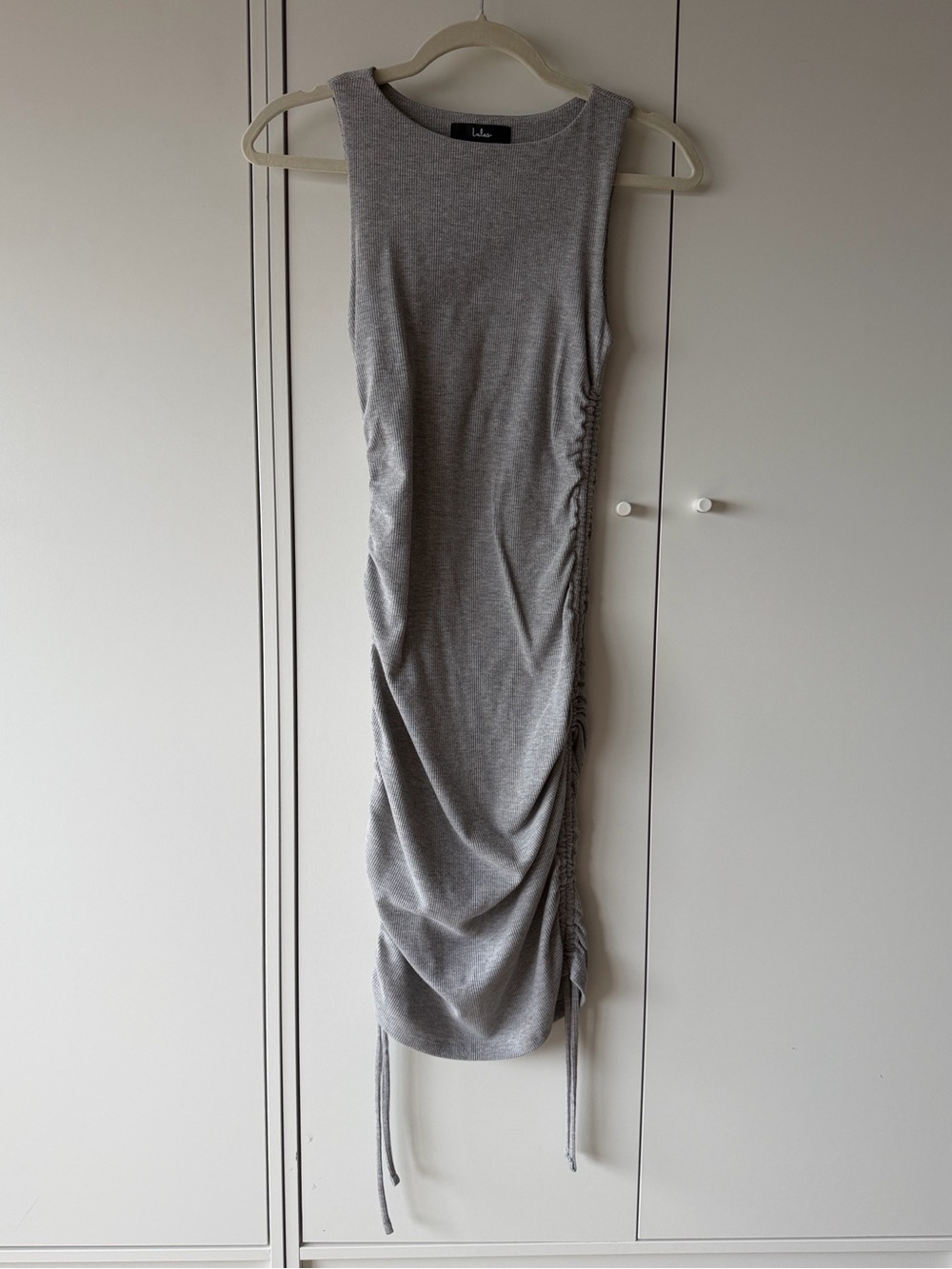 Lulus Over and Over Light Grey Ribbed Drawstring Ruched Bodycon Dress - Picture 4 of 6